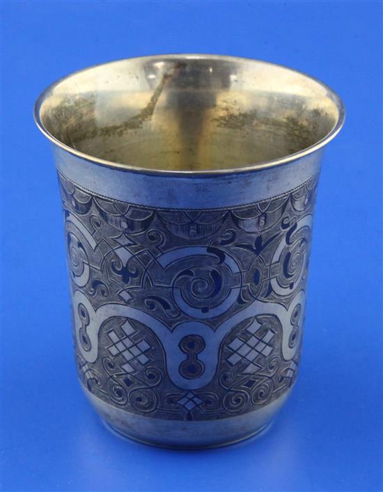 A 19th century Russian 84 zolotnik silver and niello beaker, 4.5 oz.